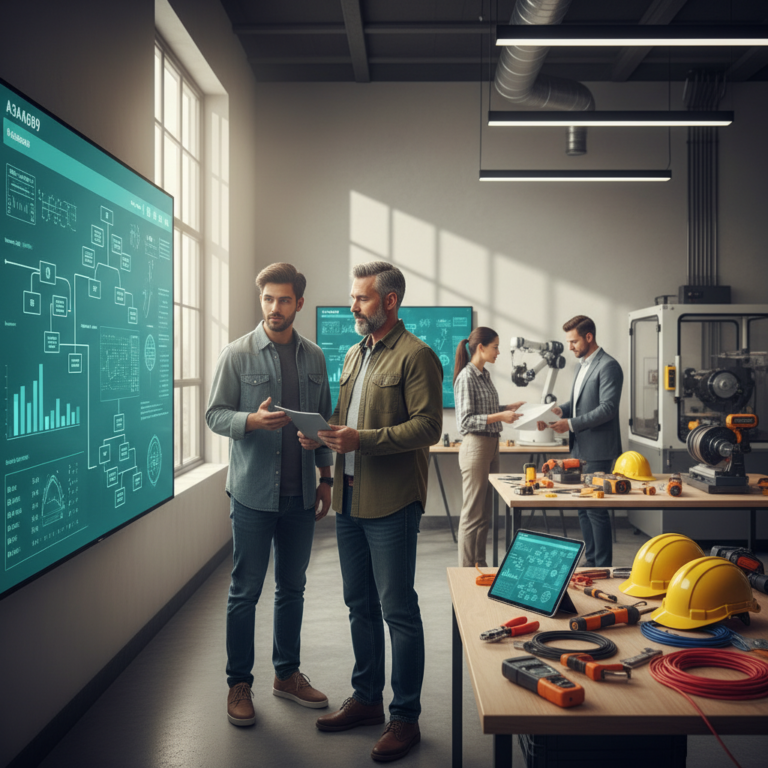 Create a photorealistic scene that illustrates the concept: Elettricista 2026: le 4 cose da automati