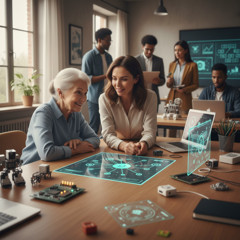 Create a photorealistic scene that illustrates the concept: L'AI Spiegata a Tua Nonna: Cos'è l'Intel