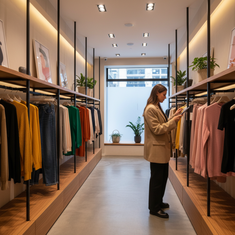 A stylish clothing store interior with neat shelves and racks, a person using a tablet to scan inven