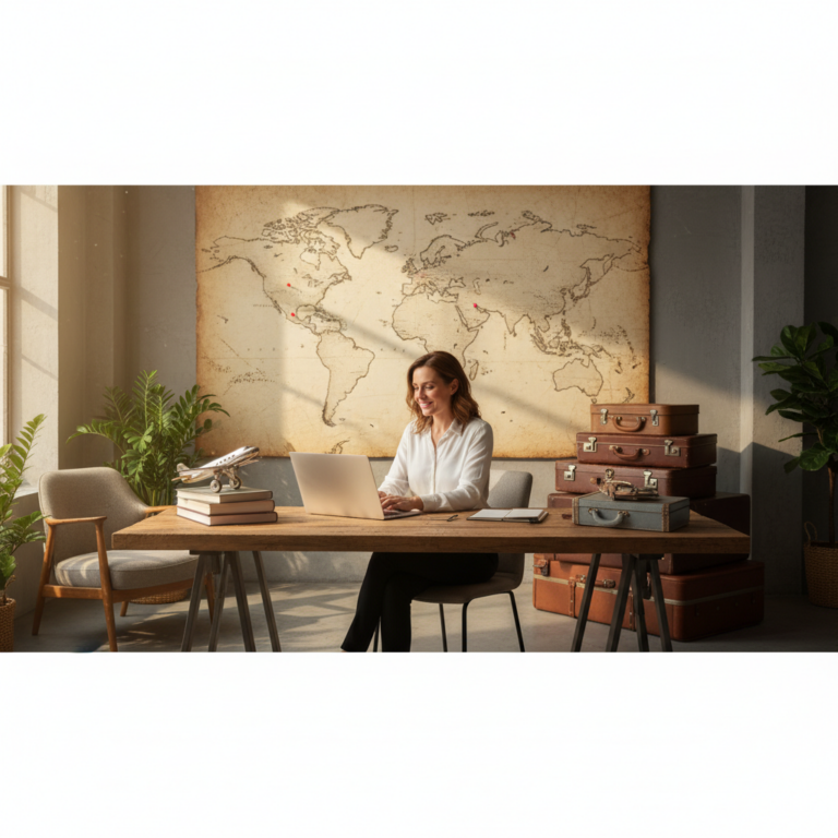 A travel agent at a desk sending follow-up messages on a laptop, world map on the wall, small airpla