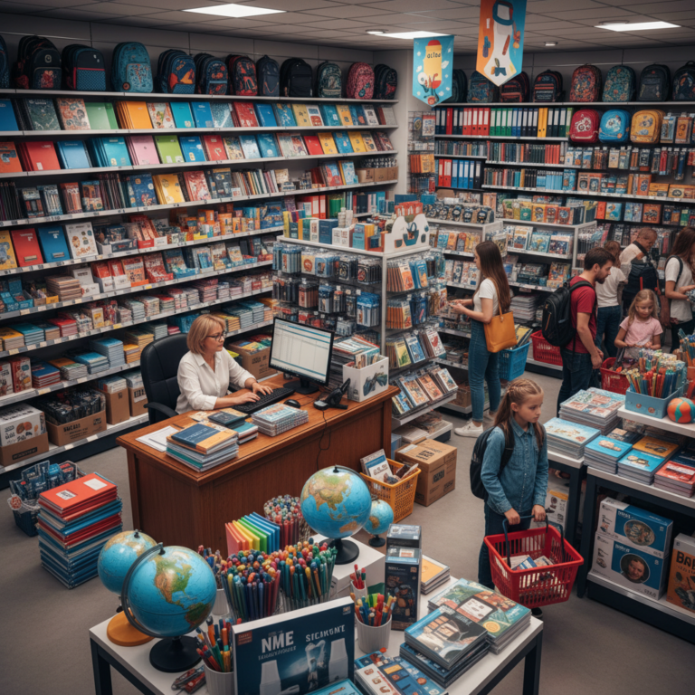 A busy stationery shop during back-to-school season, stacks of organized school supplies, a shop own
