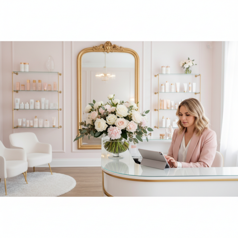 An elegant beauty salon interior with a receptionist checking appointments on a tablet, fresh flower