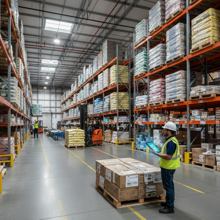 A hardware store warehouse with B2B order management, pallets of construction materials, a worker ch